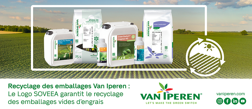 Recyclage des emballages Van Iperen : Le Logo SOVEEA garantit la récupération et le recyclage des emballages vides d’engrais.