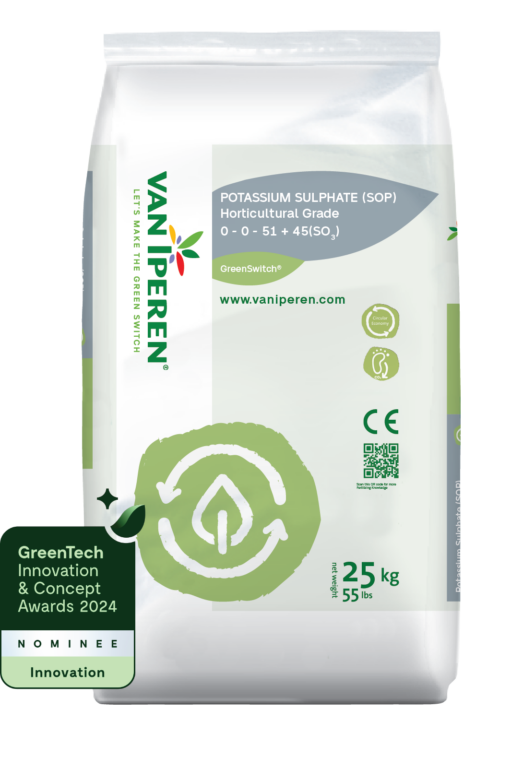 bag of GreenSwitch Potassium Sulphate HG 25kg - 2024 + Greentech innovation award nominee badge