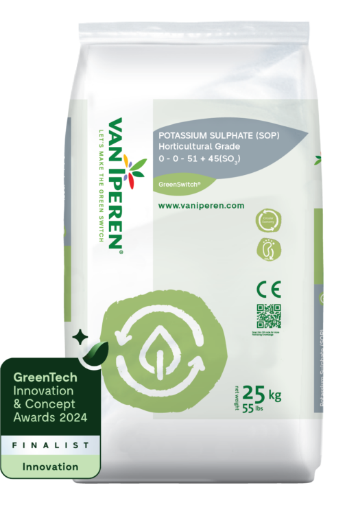 bag of GreenSwitch Potassium Sulphate (SOP) with Greentech innovation award nominee badge