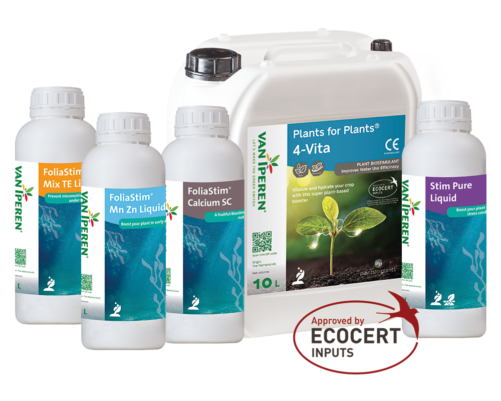 Van Iperen general Nutrient Use Efficiency product range, including FoliaStim and Plants for Plants 4-Vita solutions approved by ECOCERT Inputs for sustainable crop nutrition
